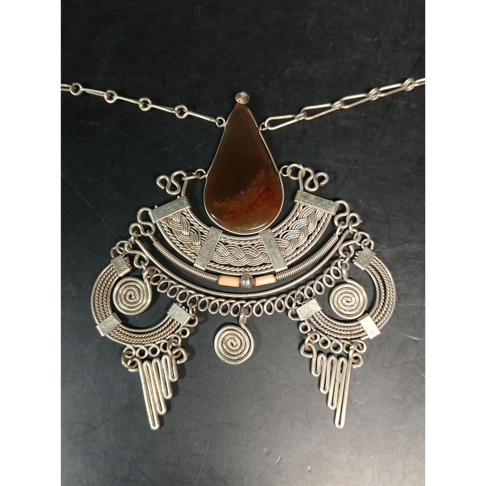Vintage Peruvian Wirework Necklace w/ Brown Agate Pendant 17"